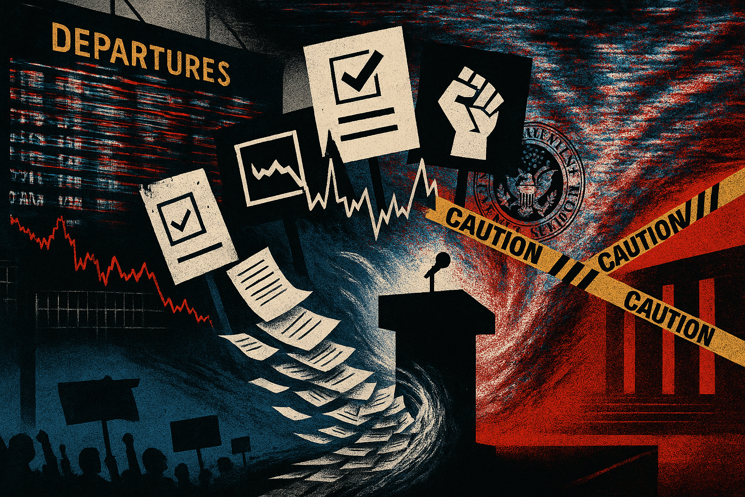 Editorial illustration representing manufactured chaos in American politics
