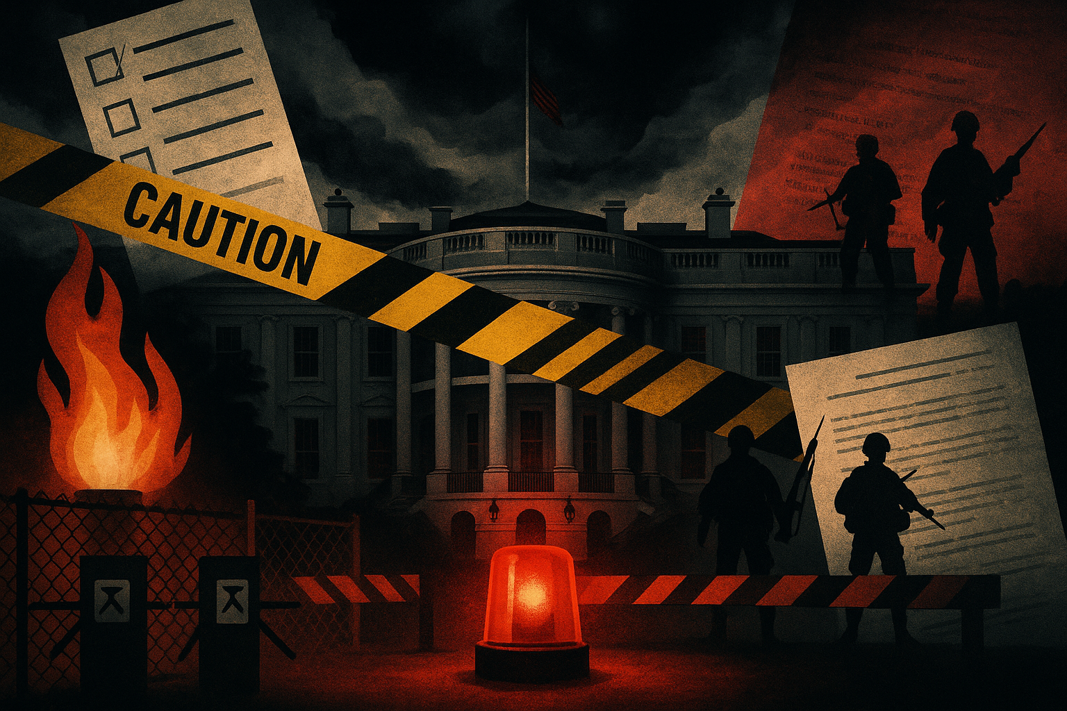 Editorial illustration representing the politics of permanent emergency
